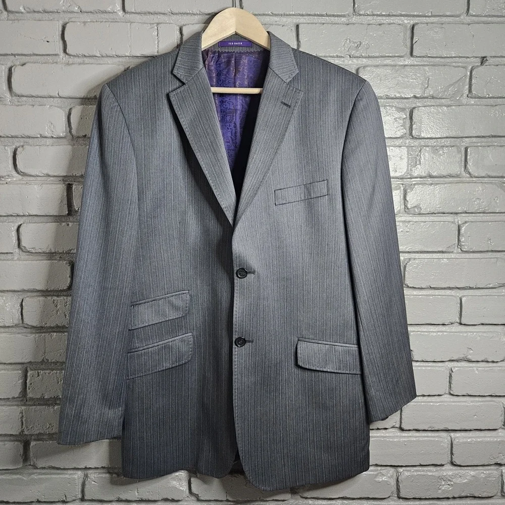 Ted Baker Endurance Suit Blazer Jacket‎ Mens 46R Gray Wool Pinstripe